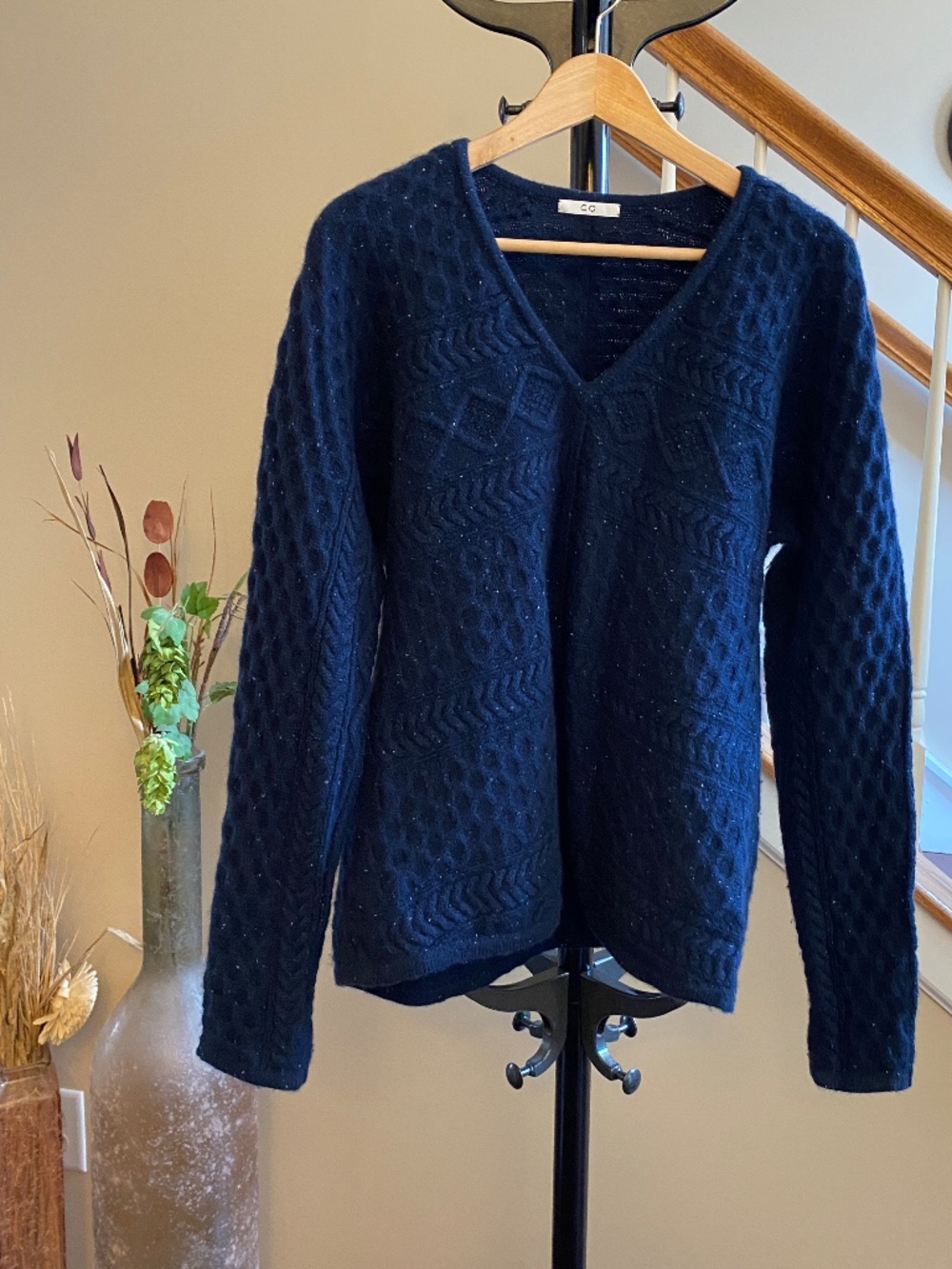 CO Collection Navy Blue Cable Chunky Knit Speckled Cashmere Sweater Medium